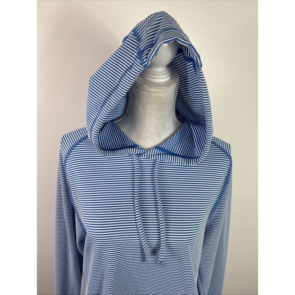 Rhone Women's L Stretch Seersucker Pullover Long Hoodie Blue Striped Euc View 6